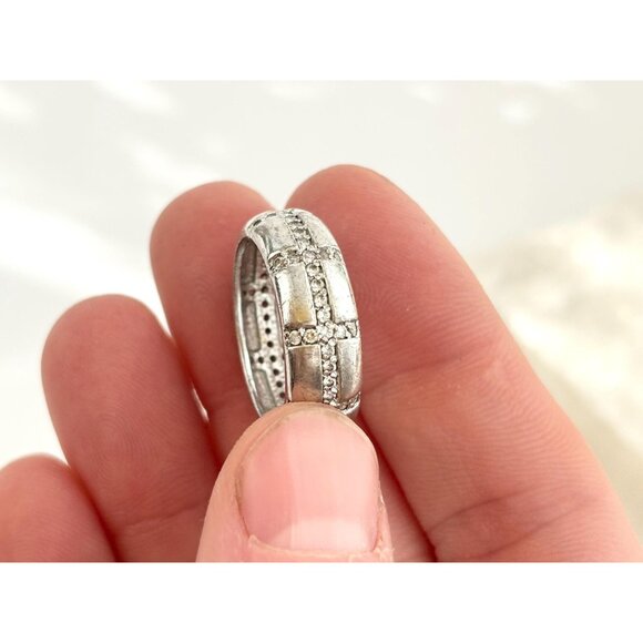 Cross Set Chunky Wedding Band CZ 925 Sterling Silver Vintage Ring - sz 7.5 - Picture 9 of 12